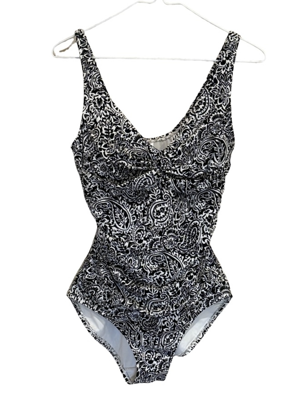 Black White Paisley Ruched One-Piece Swimsuit Tummy Control Lands’ End Size S